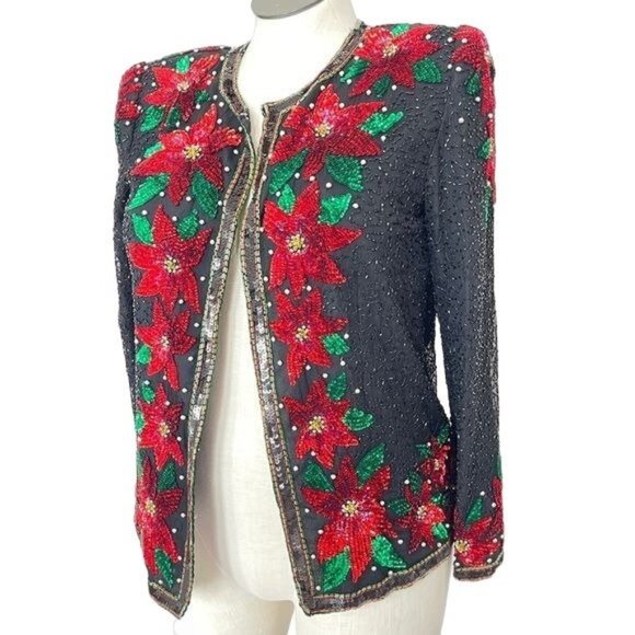 Laurence Kazar Evening Jacket Silk Poinsettia Floral Beaded Wearable Art Large